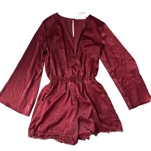California Moonrise wine red satin bell sleeve romper plunging v neckline Medium